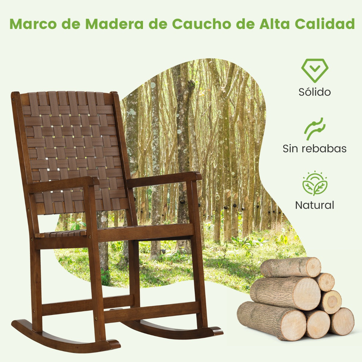 Silla Mecedora de Jardín con Asiento de PU y Marco de Madera Silla Mecedora Ergonómica para Porche Patio y Balcón 80 x 56 x 106 cm Marrón
