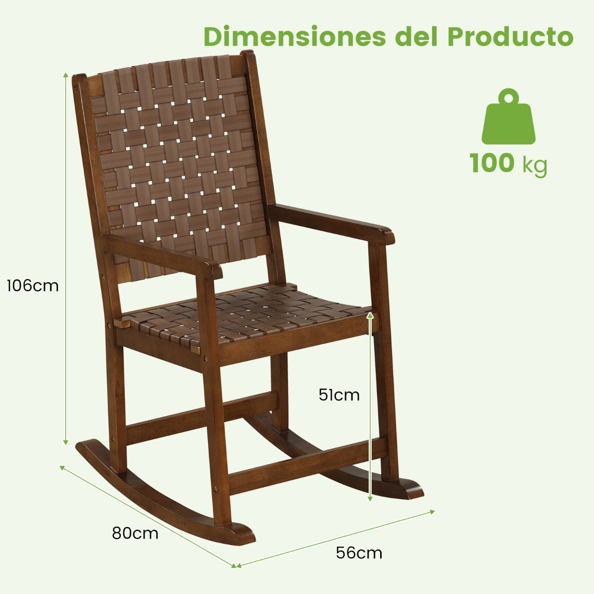 Silla Mecedora de Jardín con Asiento de PU y Marco de Madera Silla Mecedora Ergonómica para Porche Patio y Balcón 80 x 56 x 106 cm Marrón