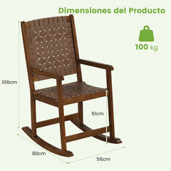 Silla Mecedora de Jardín con Asiento de PU y Marco de Madera Silla Mecedora Ergonómica para Porche Patio y Balcón 80 x 56 x 106 cm Marrón