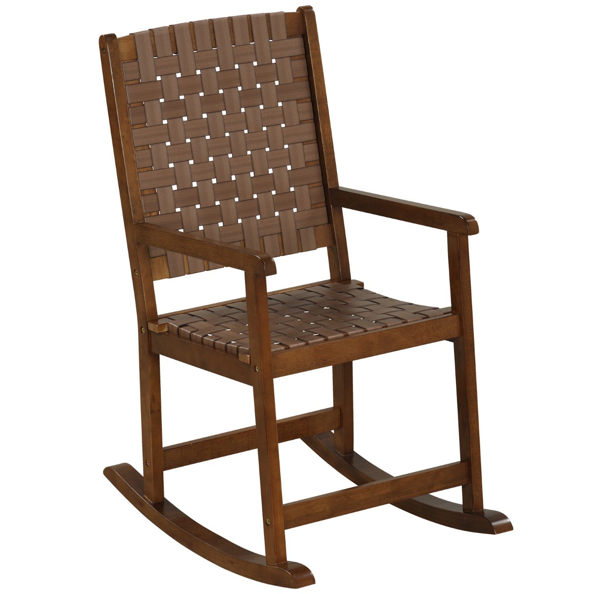 Silla Mecedora de Jardín con Asiento de PU y Marco de Madera Silla Mecedora Ergonómica para Porche Patio y Balcón 80 x 56 x 106 cm Marrón
