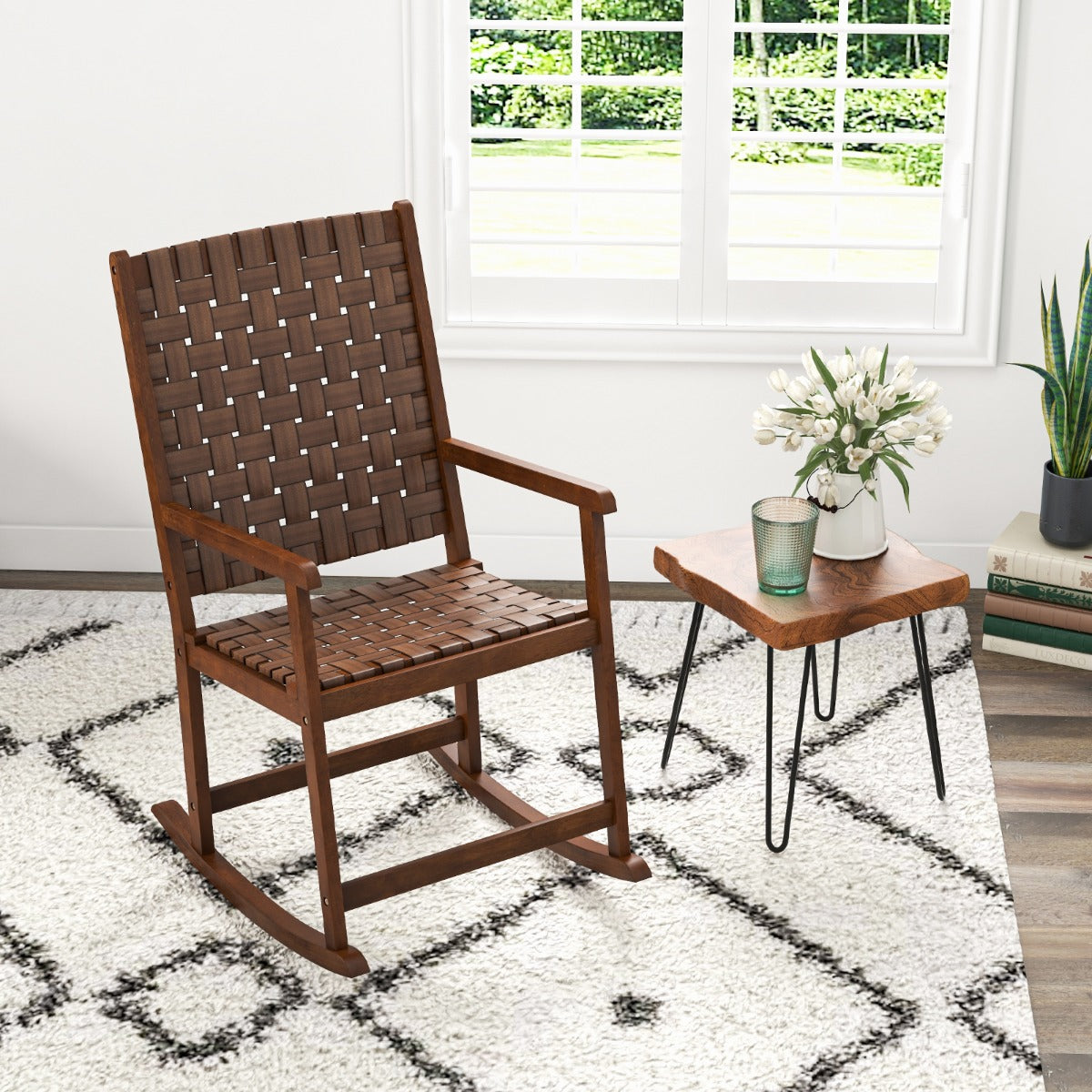 Silla Mecedora de Jardín con Asiento de PU y Marco de Madera Silla Mecedora Ergonómica para Porche Patio y Balcón 80 x 56 x 106 cm Marrón