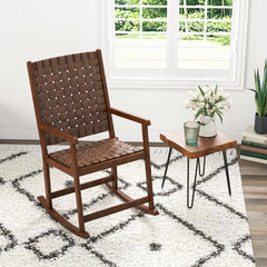 Silla Mecedora de Jardín con Asiento de PU y Marco de Madera Silla Mecedora Ergonómica para Porche Patio y Balcón 80 x 56 x 106 cm Marrón
