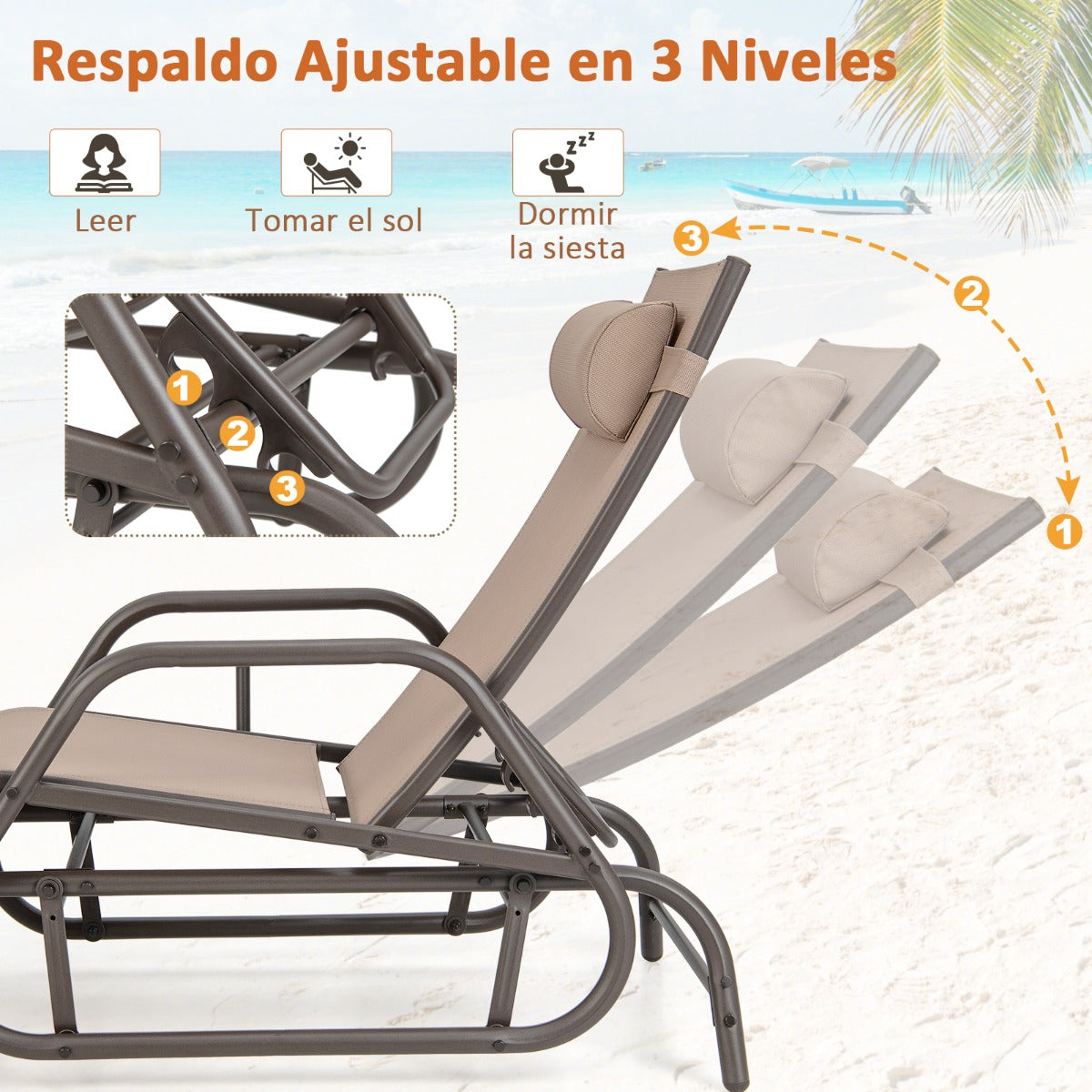 Tumbona Jardín con Apoyabrazos y Almohada Silla Mecedora Respaldo Ajustable Marco de Metal para Playa Piscina 177 x 70 x 101 cm Marrón