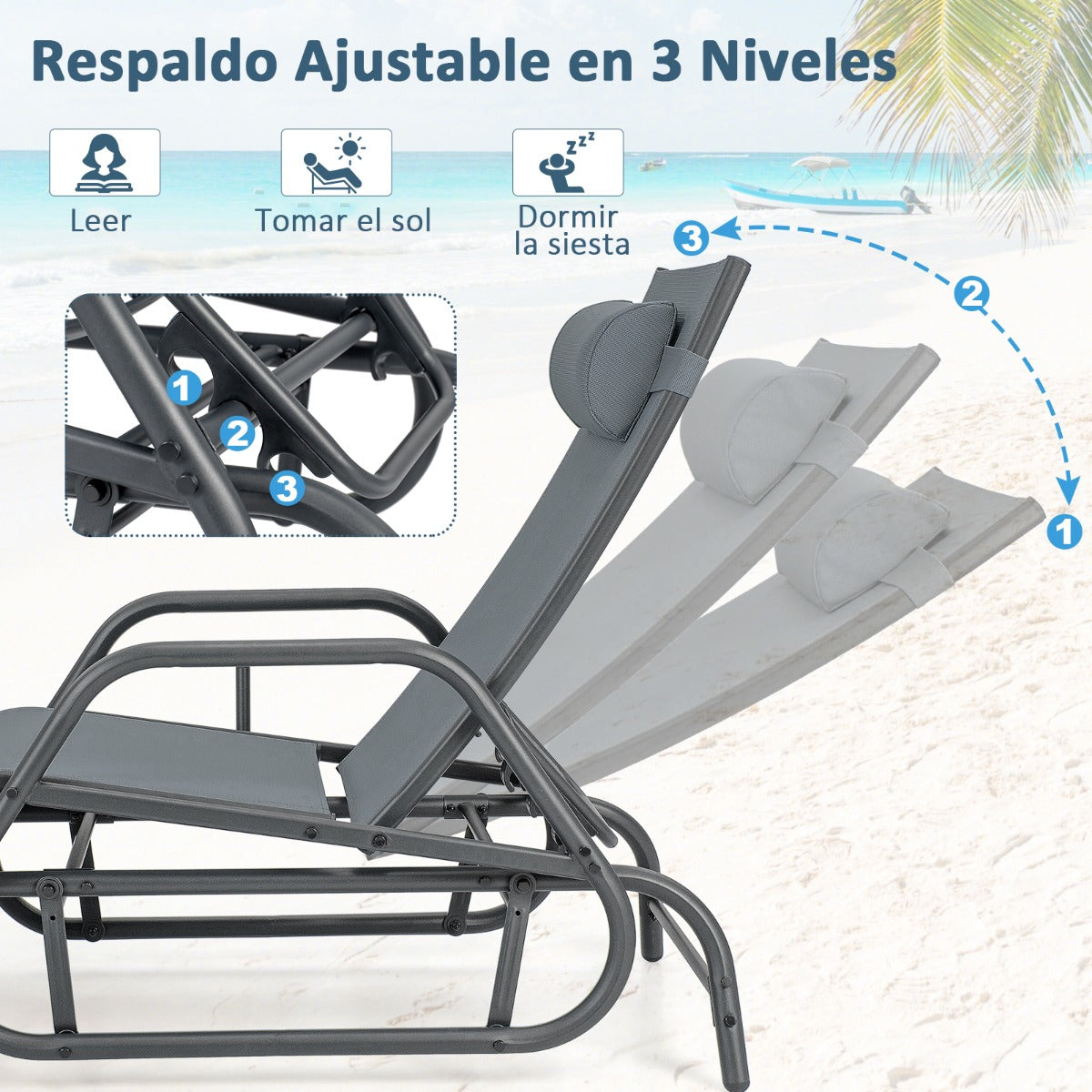 Tumbona Jardín con Apoyabrazos y Almohada Silla Mecedora Respaldo Ajustable Marco de Metal para Playa Piscina 177 x 70 x 101 cm Gris