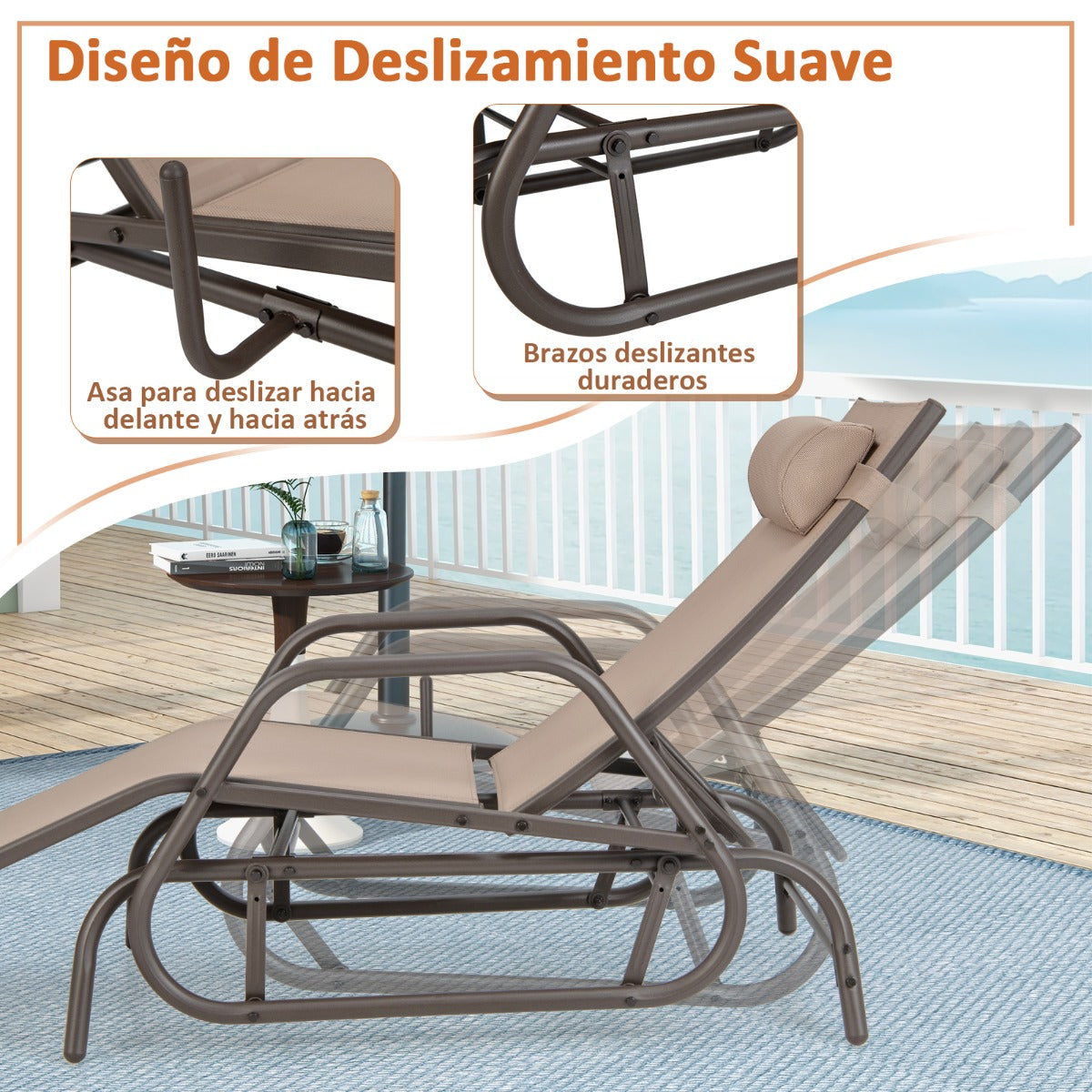 Tumbona Jardín con Apoyabrazos y Almohada Silla Mecedora Respaldo Ajustable Marco de Metal para Playa Piscina 177 x 70 x 101 cm Marrón