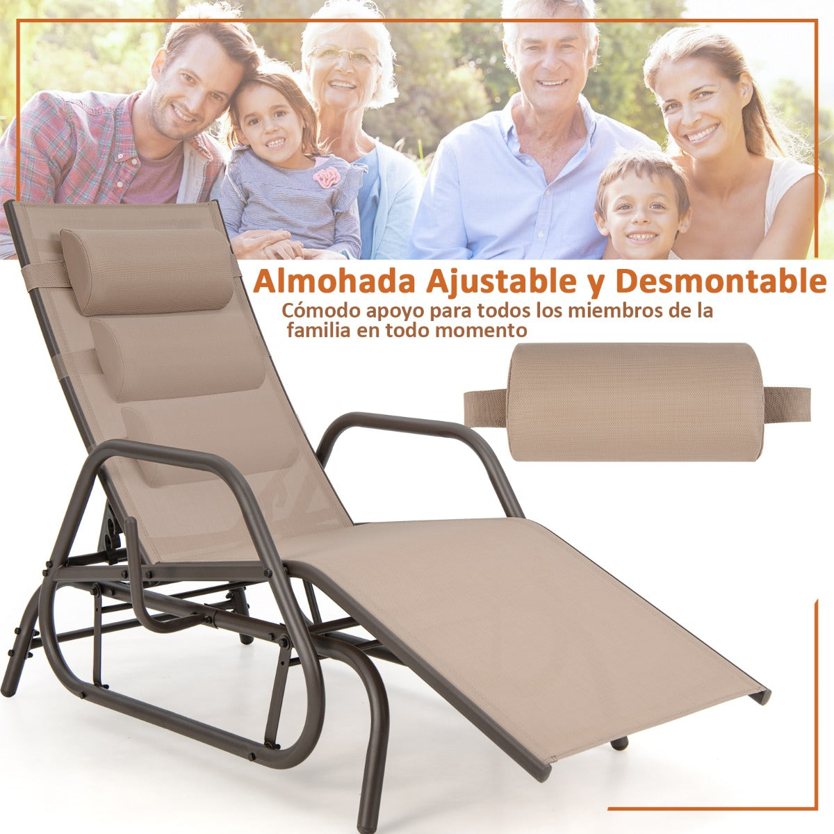 Tumbona Jardín con Apoyabrazos y Almohada Silla Mecedora Respaldo Ajustable Marco de Metal para Playa Piscina 177 x 70 x 101 cm Marrón