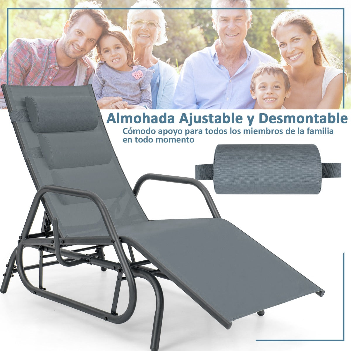 Tumbona Jardín con Apoyabrazos y Almohada Silla Mecedora Respaldo Ajustable Marco de Metal para Playa Piscina 177 x 70 x 101 cm Gris