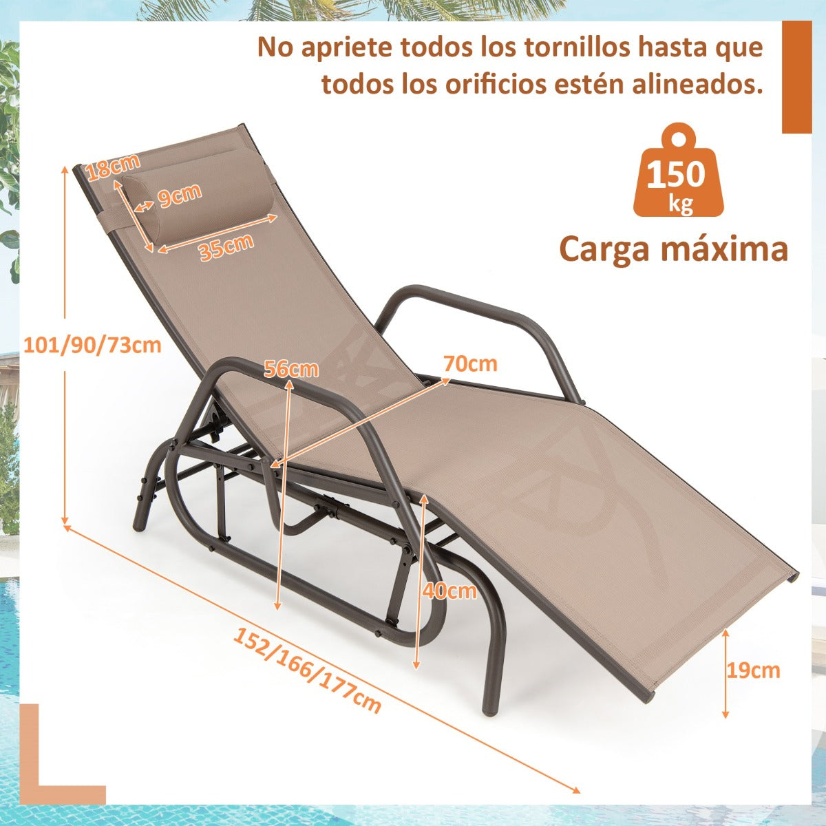 Tumbona Jardín con Apoyabrazos y Almohada Silla Mecedora Respaldo Ajustable Marco de Metal para Playa Piscina 177 x 70 x 101 cm Marrón
