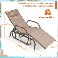Tumbona Jardín con Apoyabrazos y Almohada Silla Mecedora Respaldo Ajustable Marco de Metal para Playa Piscina 177 x 70 x 101 cm Marrón