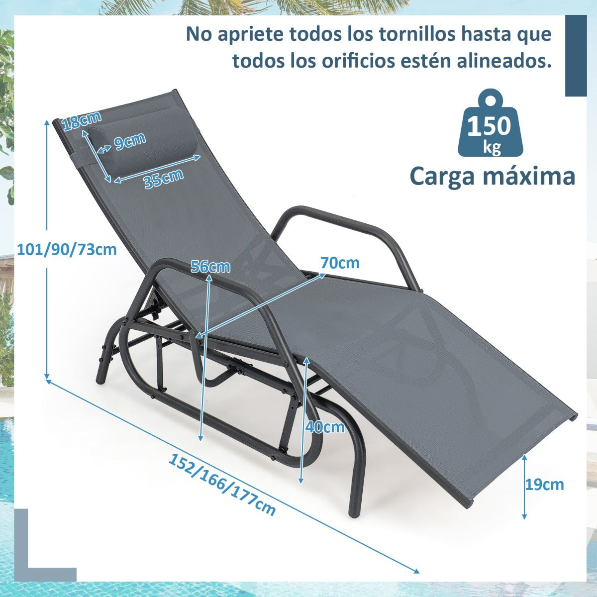 Tumbona Jardín con Apoyabrazos y Almohada Silla Mecedora Respaldo Ajustable Marco de Metal para Playa Piscina 177 x 70 x 101 cm Gris