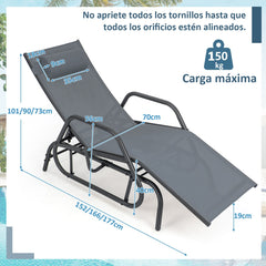 Tumbona Jardín con Apoyabrazos y Almohada Silla Mecedora Respaldo Ajustable Marco de Metal para Playa Piscina 177 x 70 x 101 cm Gris