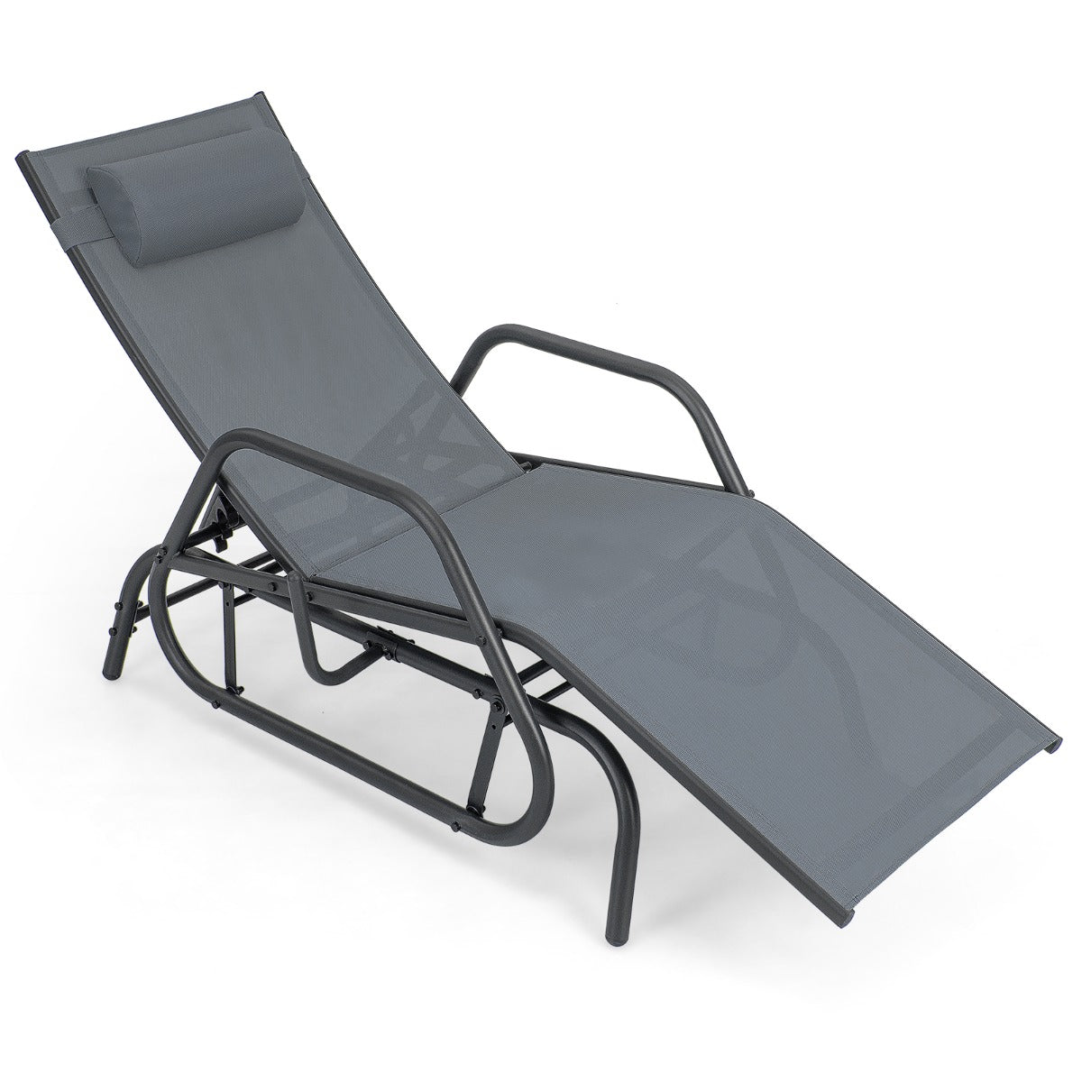 Tumbona Jardín con Apoyabrazos y Almohada Silla Mecedora Respaldo Ajustable Marco de Metal para Playa Piscina 177 x 70 x 101 cm Gris