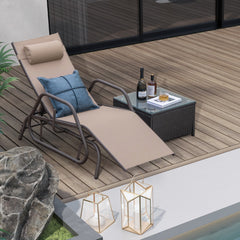 Tumbona Jardín con Apoyabrazos y Almohada Silla Mecedora Respaldo Ajustable Marco de Metal para Playa Piscina 177 x 70 x 101 cm Marrón