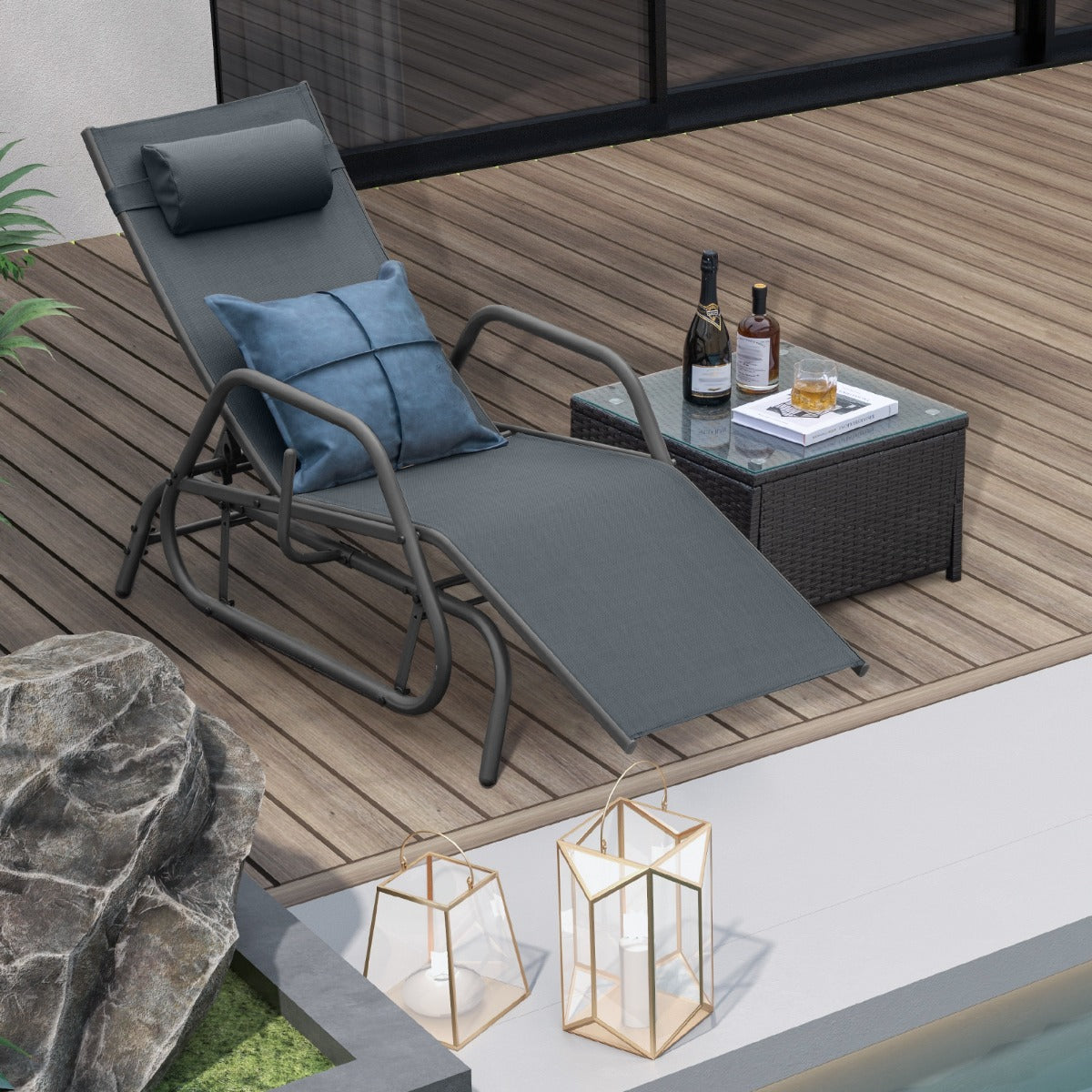 Tumbona Jardín con Apoyabrazos y Almohada Silla Mecedora Respaldo Ajustable Marco de Metal para Playa Piscina 177 x 70 x 101 cm Gris