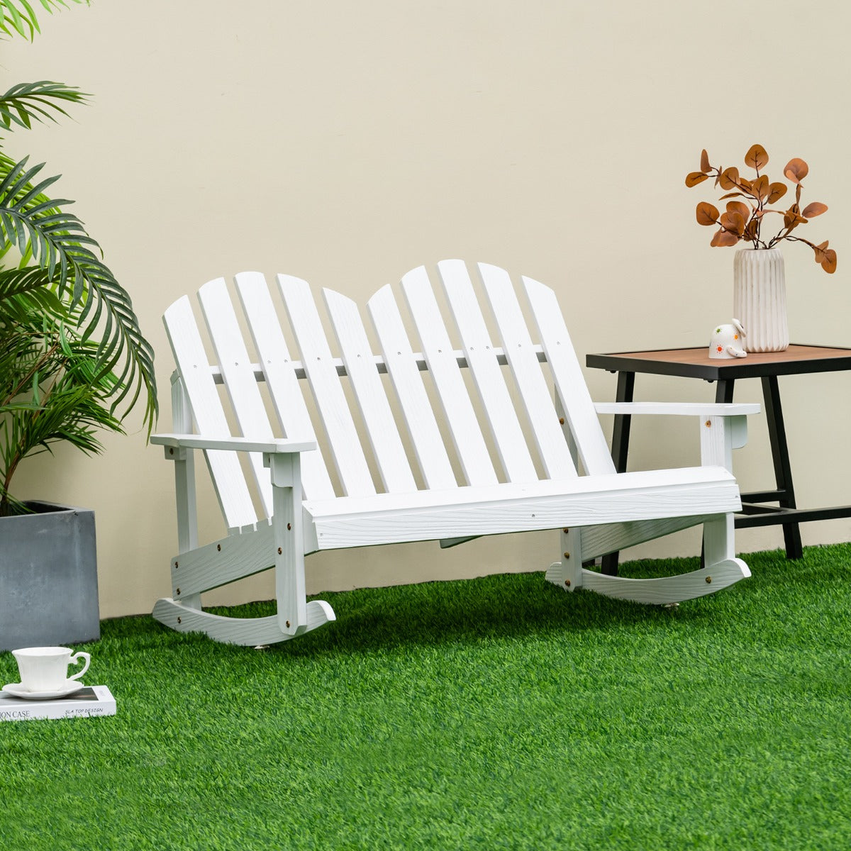 Silla Mecedora Adirondack para 2 Personas con Asiento de Listones Pies de Balancín Suave Capacidad de Carga de 100 kg para Balcón Blanco