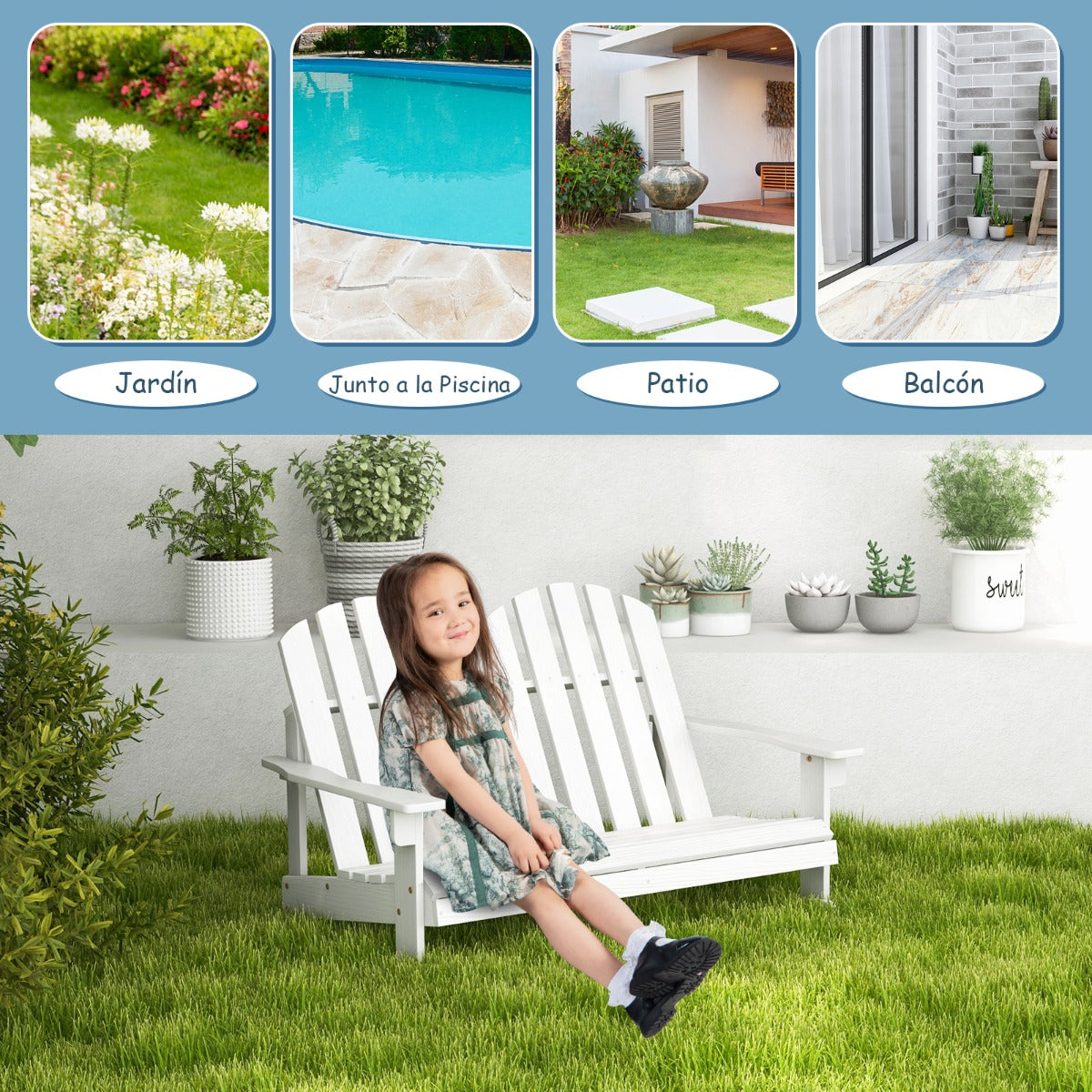 Silla Mecedora Adirondack para 2 Personas con Asiento de Listones Pies de Balancín Suave Capacidad de Carga de 100 kg para Balcón Blanco