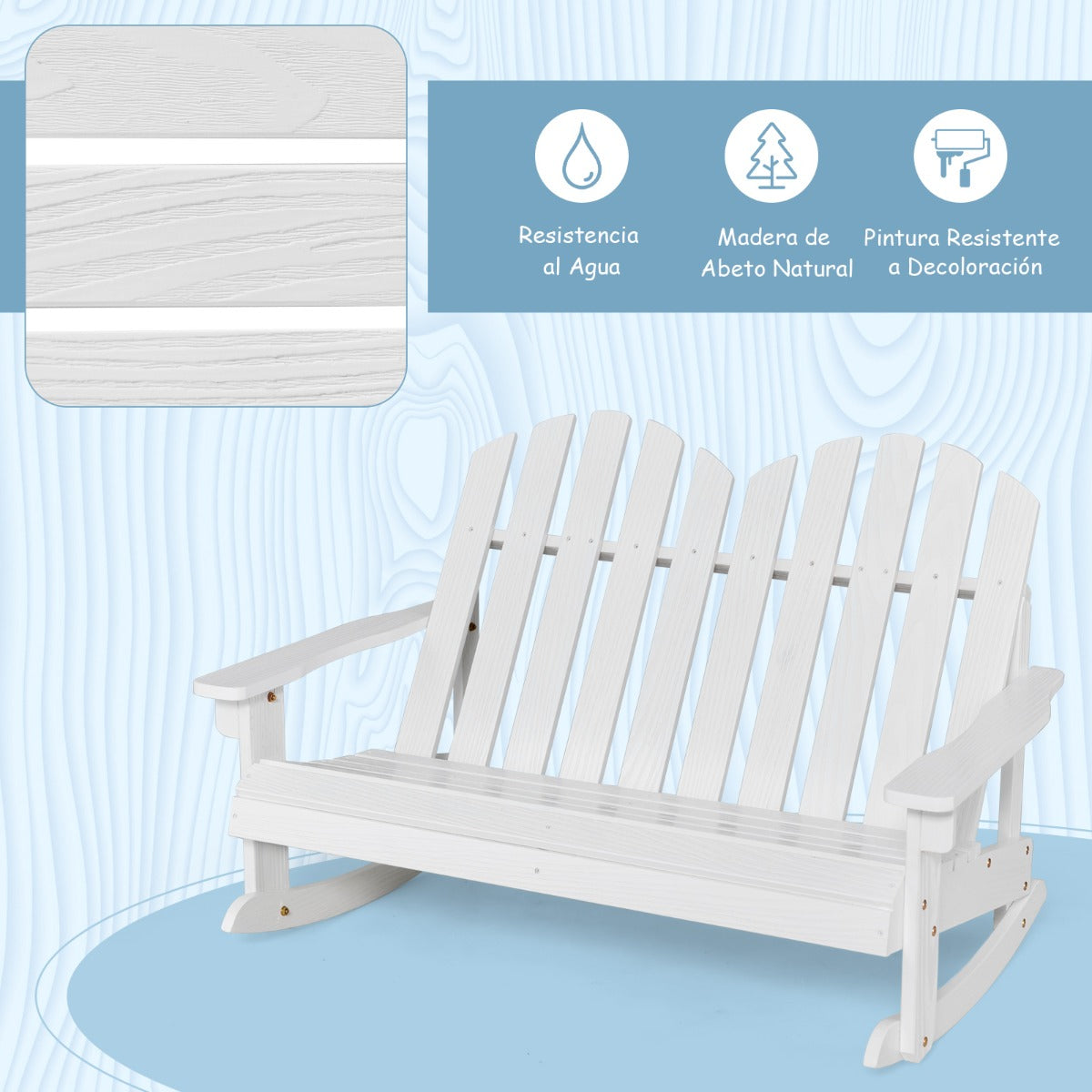 Silla Mecedora Adirondack para 2 Personas con Asiento de Listones Pies de Balancín Suave Capacidad de Carga de 100 kg para Balcón Blanco