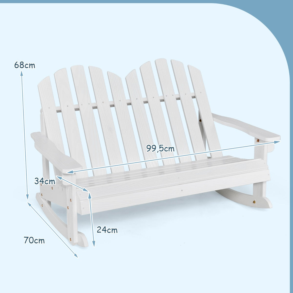 Silla Mecedora Adirondack para 2 Personas con Asiento de Listones Pies de Balancín Suave Capacidad de Carga de 100 kg para Balcón Blanco
