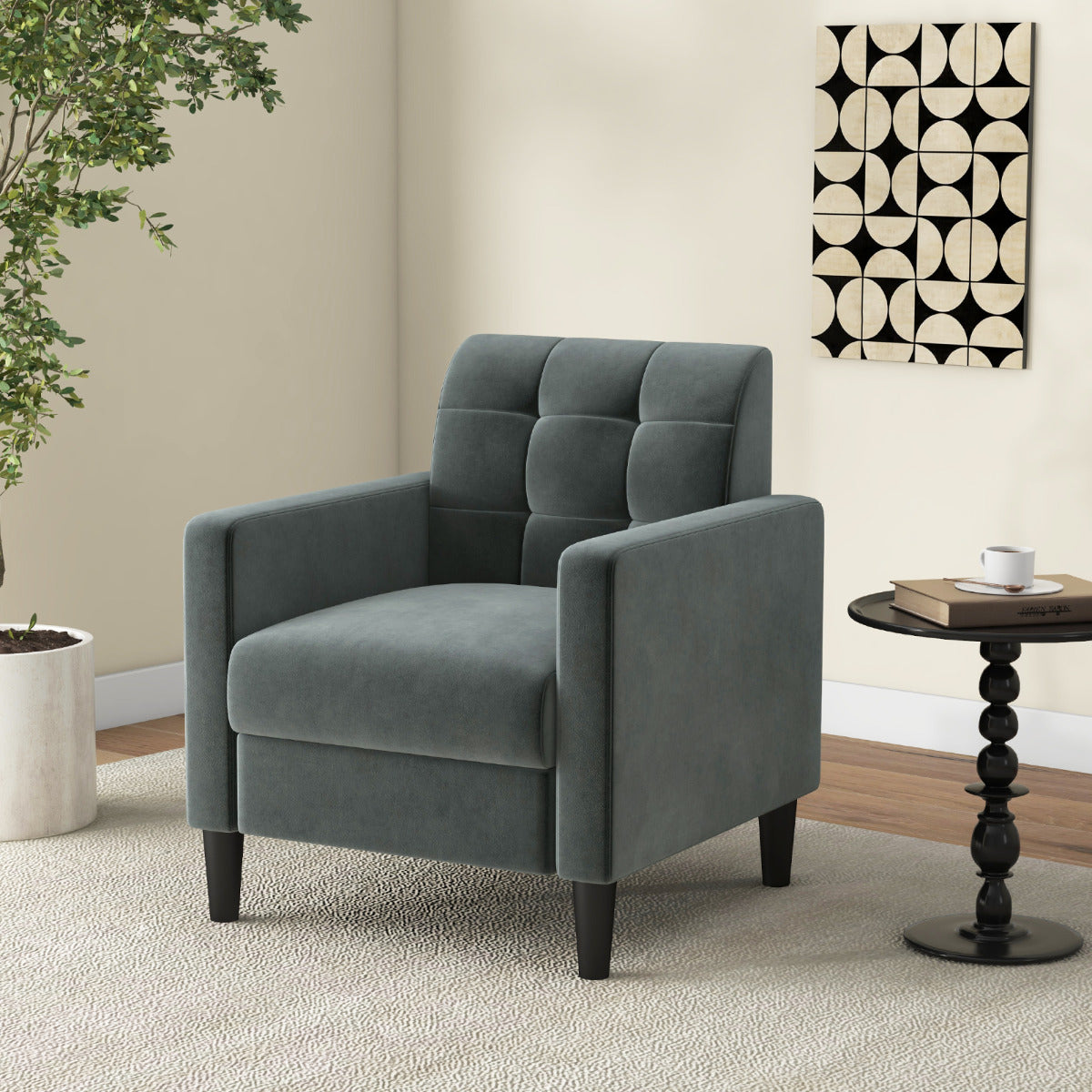 Silla Moderna de Terciopelo de Mediados de Siglo Tapizado Respaldo Capitoné Silla Lateral Individual para Salón Dormitorio Oficina Gris