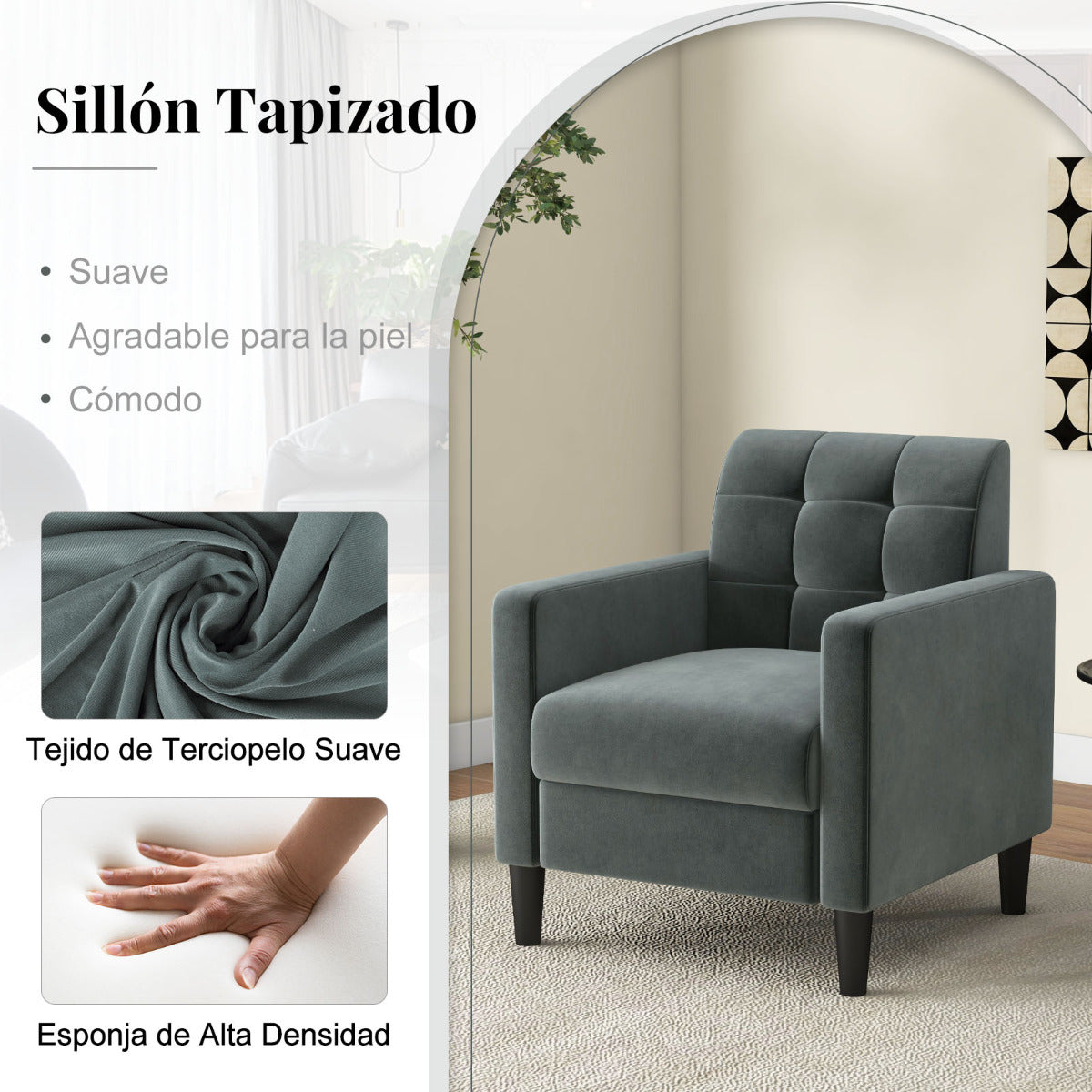 Silla Moderna de Terciopelo de Mediados de Siglo Tapizado Respaldo Capitoné Silla Lateral Individual para Salón Dormitorio Oficina Gris