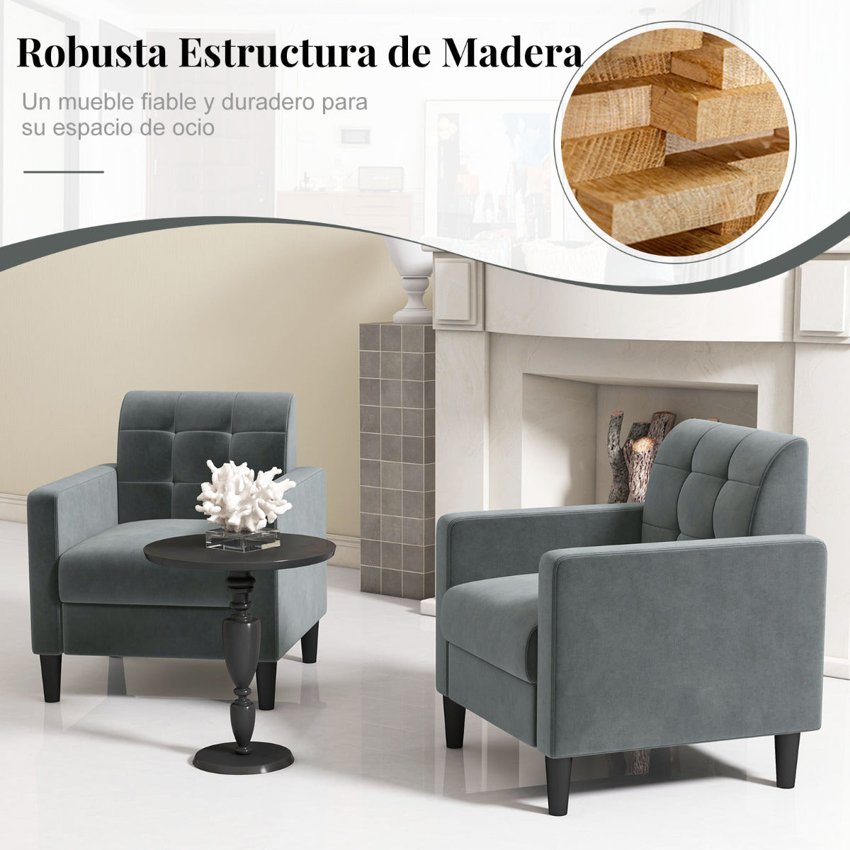 Silla Moderna de Terciopelo de Mediados de Siglo Tapizado Respaldo Capitoné Silla Lateral Individual para Salón Dormitorio Oficina Gris