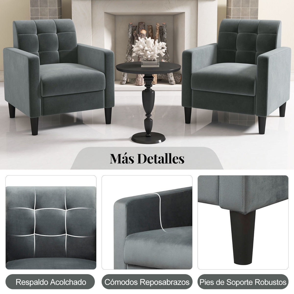 Silla Moderna de Terciopelo de Mediados de Siglo Tapizado Respaldo Capitoné Silla Lateral Individual para Salón Dormitorio Oficina Gris