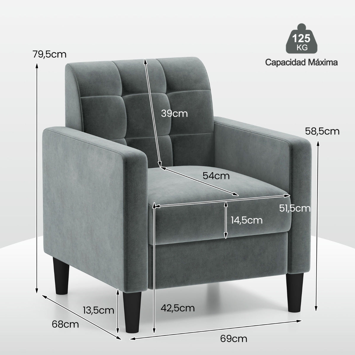 Silla Moderna de Terciopelo de Mediados de Siglo Tapizado Respaldo Capitoné Silla Lateral Individual para Salón Dormitorio Oficina Gris