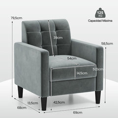 Silla Moderna de Terciopelo de Mediados de Siglo Tapizado Respaldo Capitoné Silla Lateral Individual para Salón Dormitorio Oficina Gris