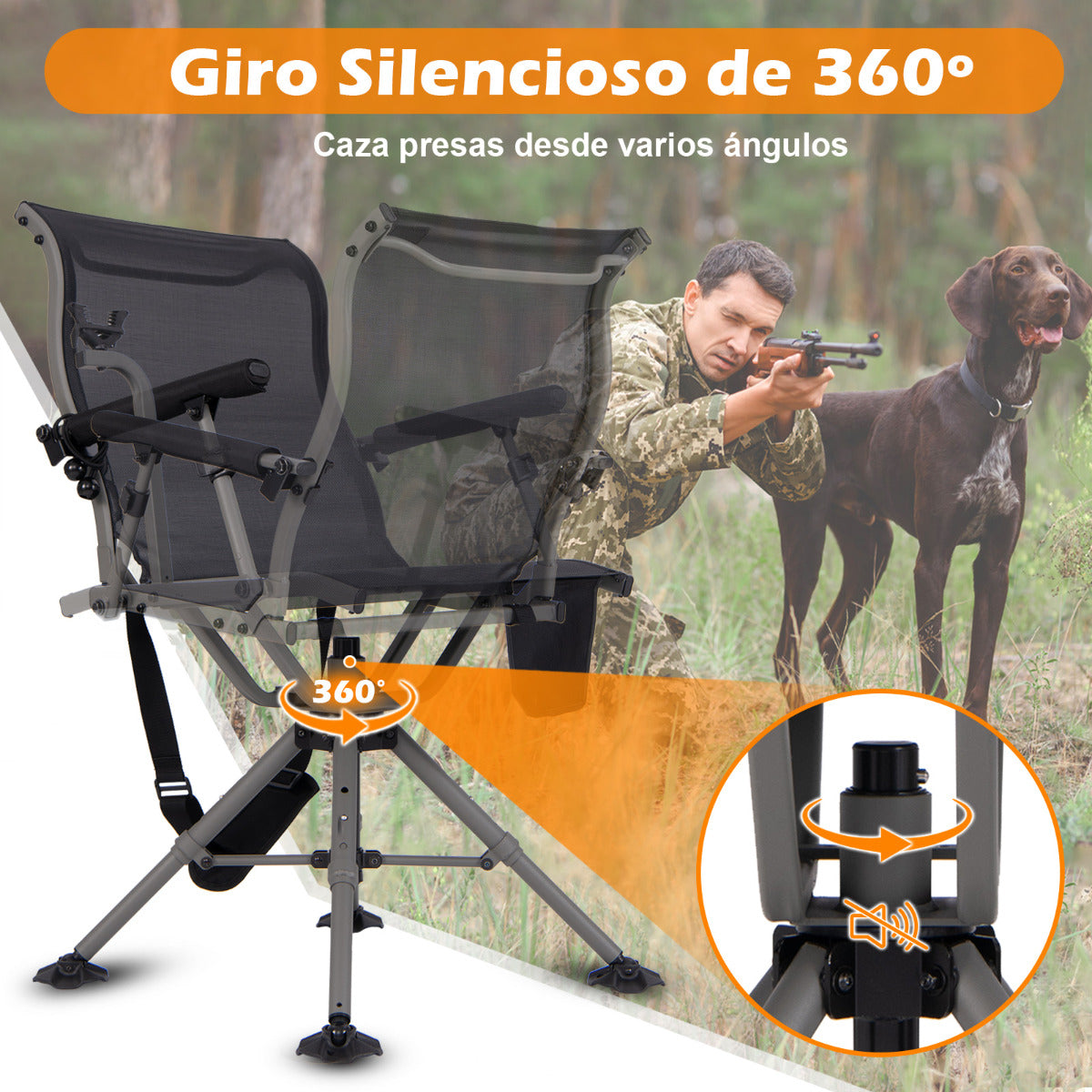 Silla para Caza y Tiro Asiento Plegable para Francotirador con 3 Posiciones de Patas Ajustables Giro de 360° Soporte para Rifle Negro