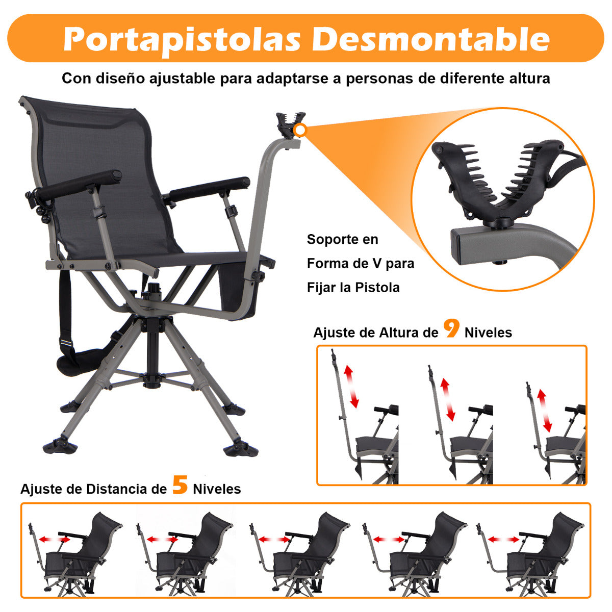 Silla para Caza y Tiro Asiento Plegable para Francotirador con 3 Posiciones de Patas Ajustables Giro de 360° Soporte para Rifle Negro
