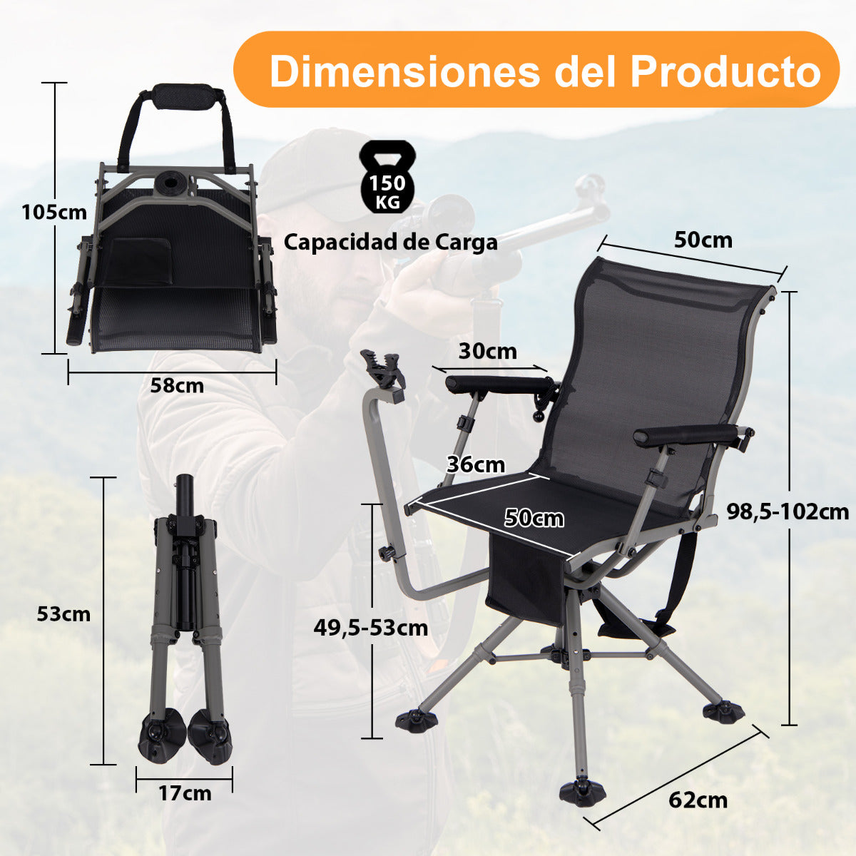 Silla para Caza y Tiro Asiento Plegable para Francotirador con 3 Posiciones de Patas Ajustables Giro de 360° Soporte para Rifle Negro