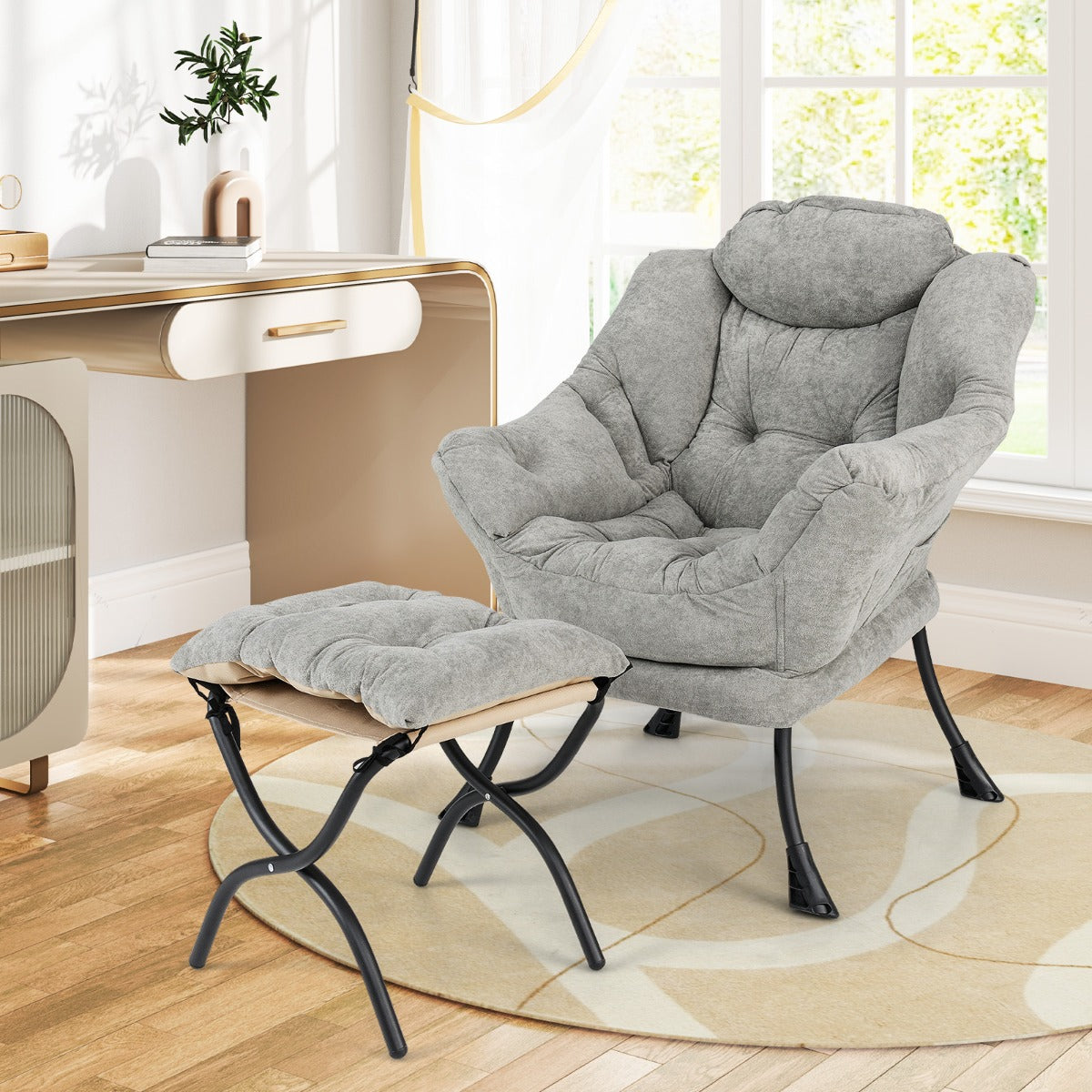 Silla Perezosa con Otomana Sillón de Acento de Lectura Tapizado Sherpa de Gran Tamaño con Reposapiés Plegable para Salón Dormitorio Gris
