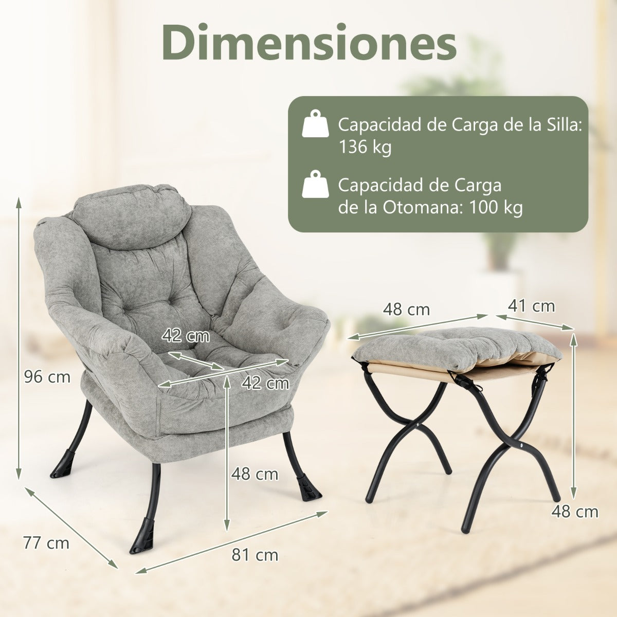 Silla Perezosa con Otomana Sillón de Acento de Lectura Tapizado Sherpa de Gran Tamaño con Reposapiés Plegable para Salón Dormitorio Gris