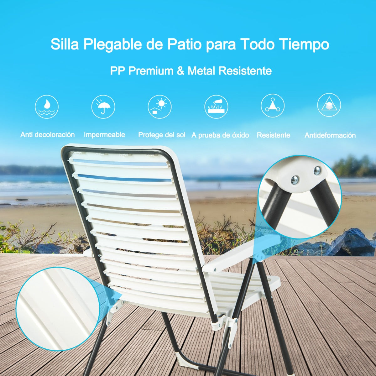 Silla Plegable de Patio de PP Ajustable y Reclinable con Respaldo de 7 Niveles Hasta 120kg Blanca