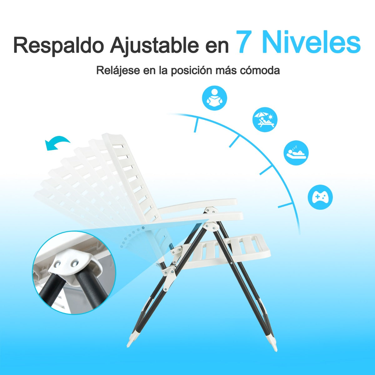 Silla Plegable de Patio de PP Ajustable y Reclinable con Respaldo de 7 Niveles Hasta 120kg Blanca