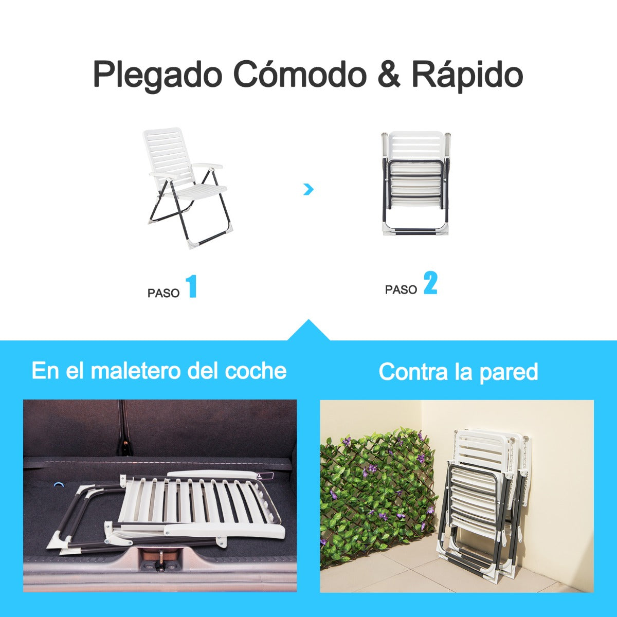 Silla Plegable de Patio de PP Ajustable y Reclinable con Respaldo de 7 Niveles Hasta 120kg Blanca