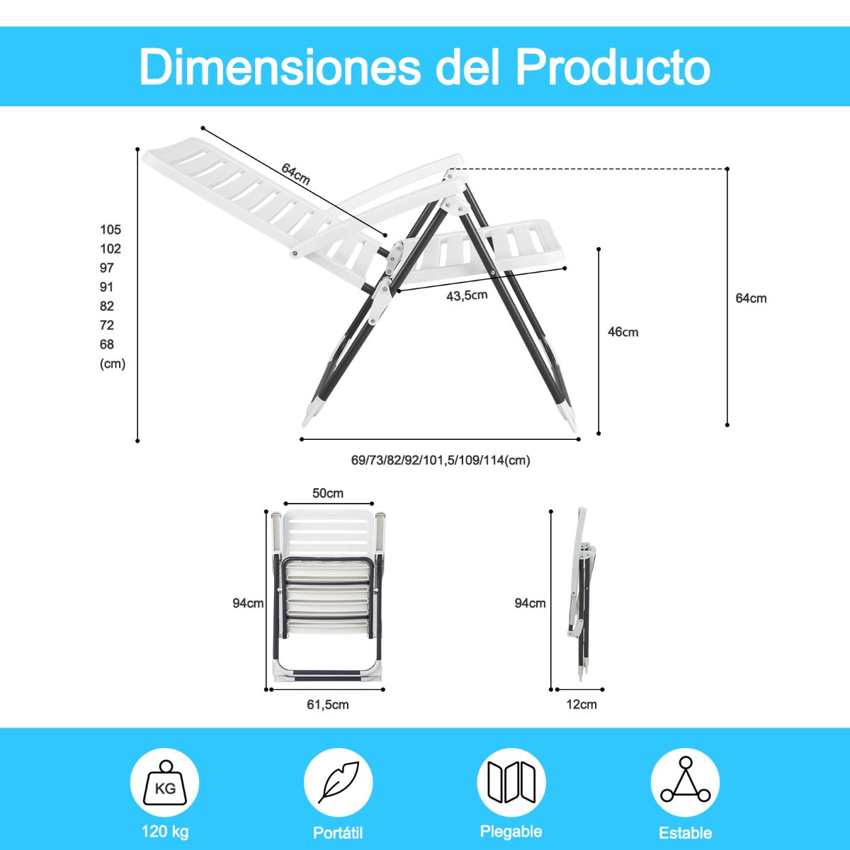 Silla Plegable de Patio de PP Ajustable y Reclinable con Respaldo de 7 Niveles Hasta 120kg Blanca
