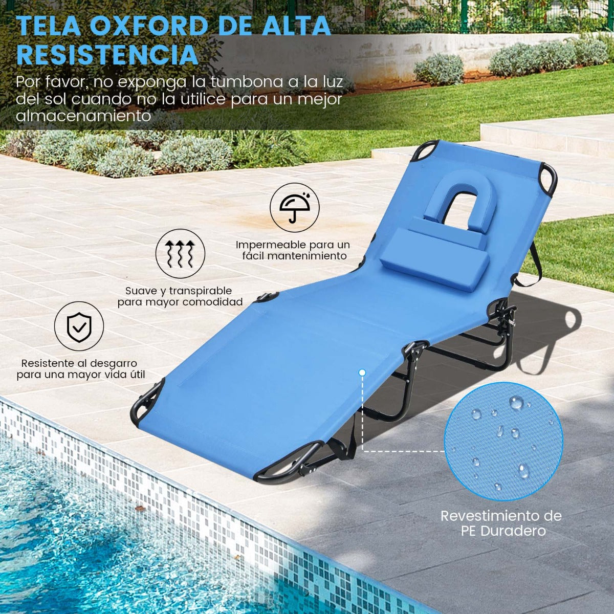 Tumbona Plegable con 3 Cojines Extraíbles y Respaldo Ajustable en 5 Posiciones Tumbonas de Jardín Exterior para Terraza Piscina Azul