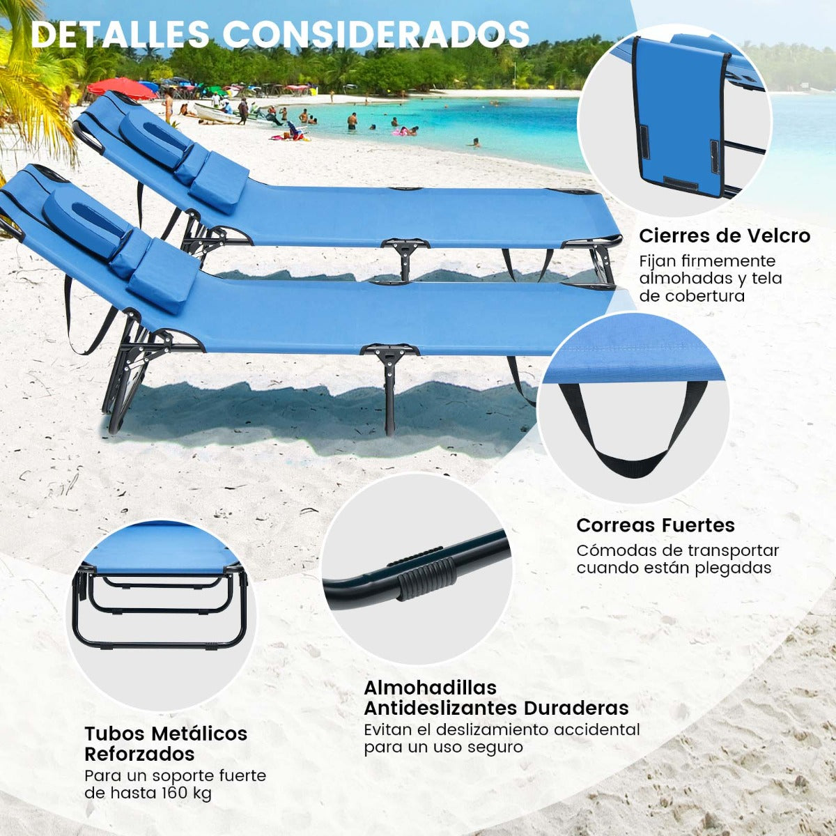 Tumbona Plegable con 3 Cojines Extraíbles y Respaldo Ajustable en 5 Posiciones Tumbonas de Jardín Exterior para Terraza Piscina Azul