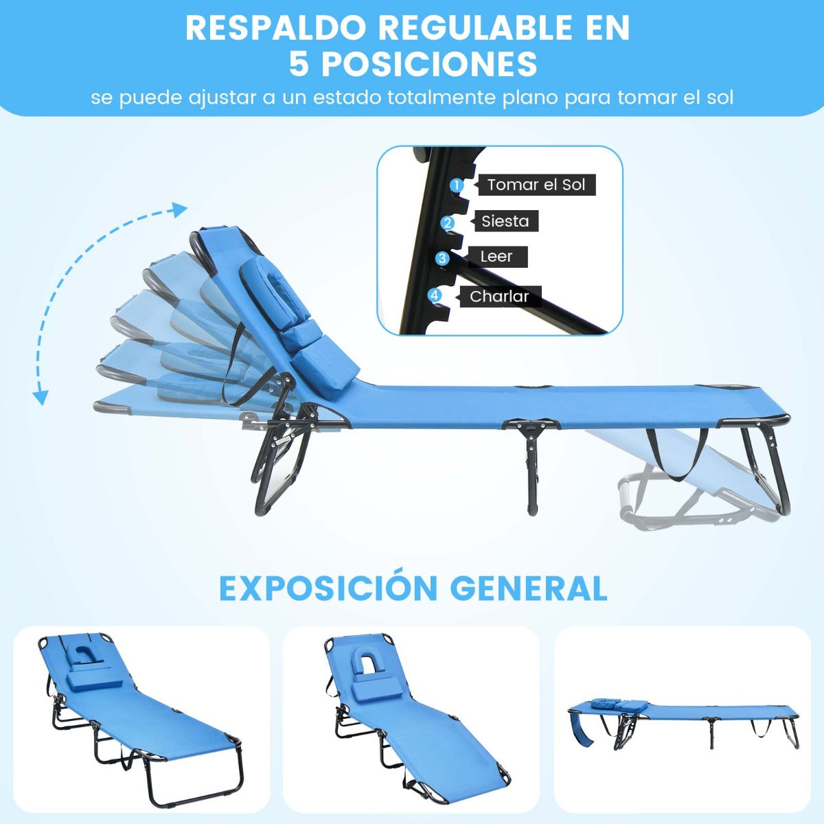 Tumbona Plegable con 3 Cojines Extraíbles y Respaldo Ajustable en 5 Posiciones Tumbonas de Jardín Exterior para Terraza Piscina Azul