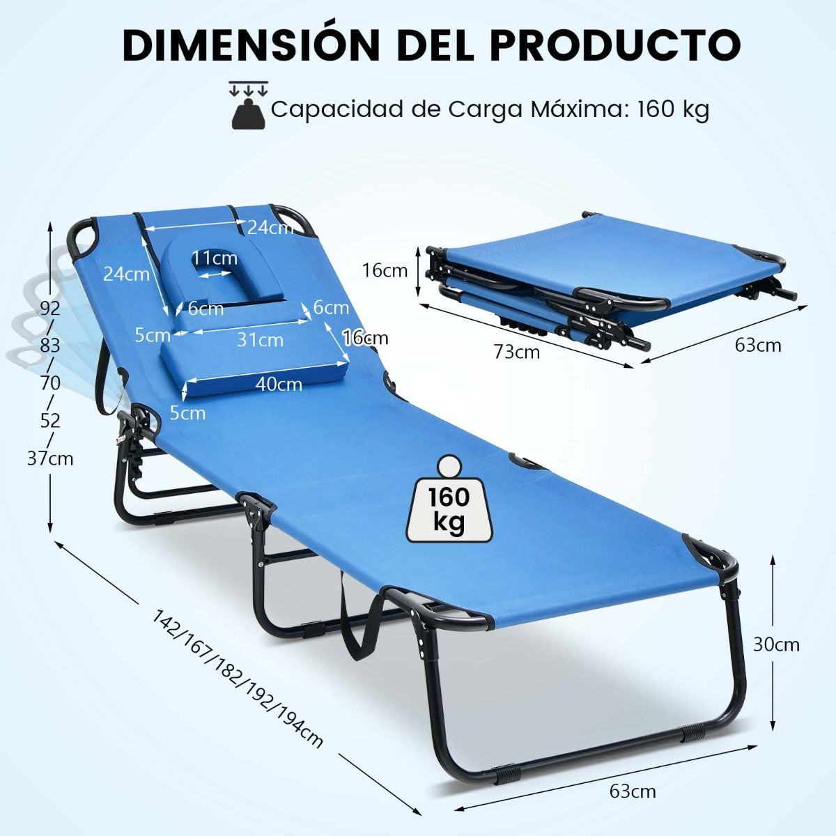 Tumbona Plegable con 3 Cojines Extraíbles y Respaldo Ajustable en 5 Posiciones Tumbonas de Jardín Exterior para Terraza Piscina Azul