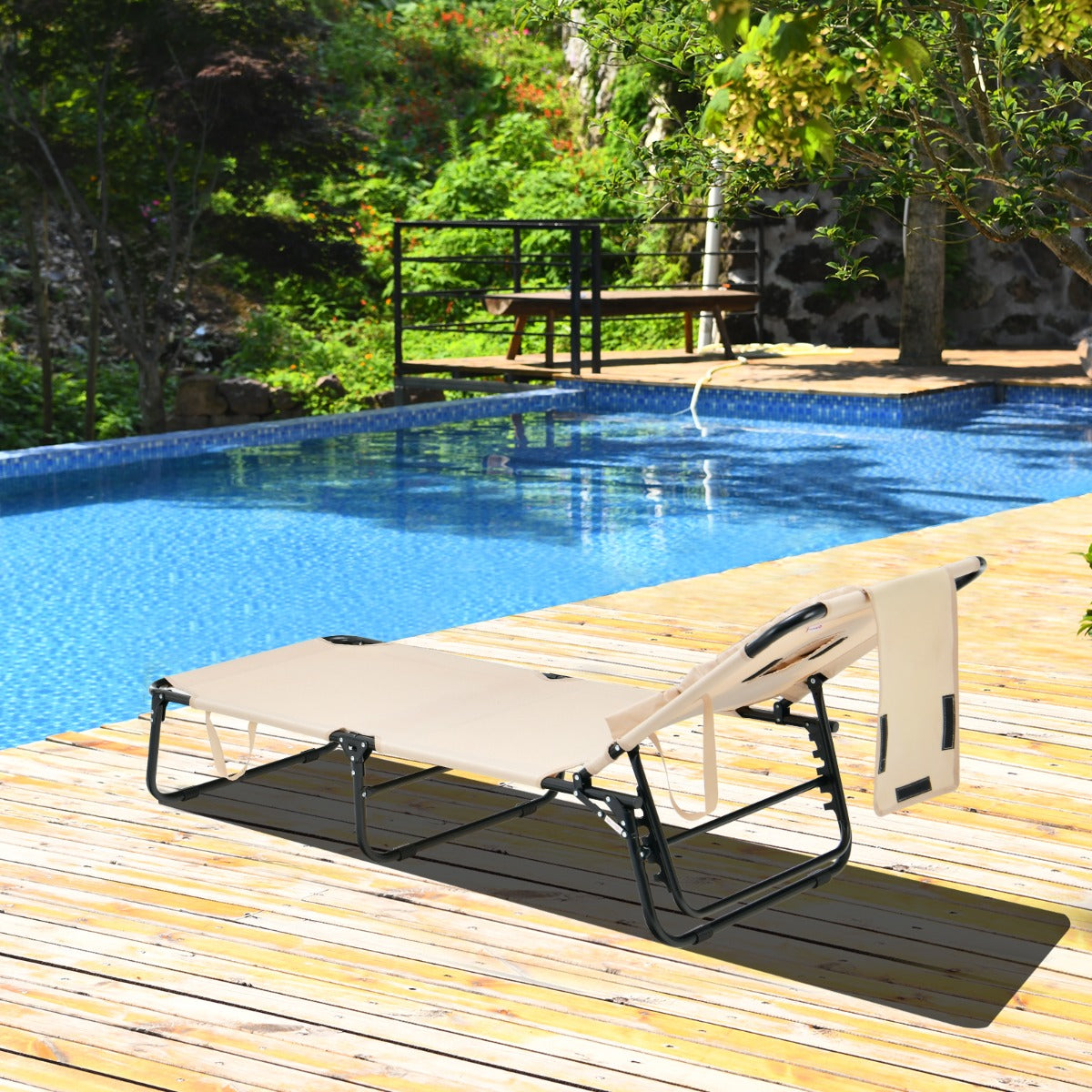 Tumbona Plegable con 3 Cojines Extraíbles y Respaldo Ajustable en 5 Posiciones Tumbonas de Jardín Exterior para Terraza Piscina Beige