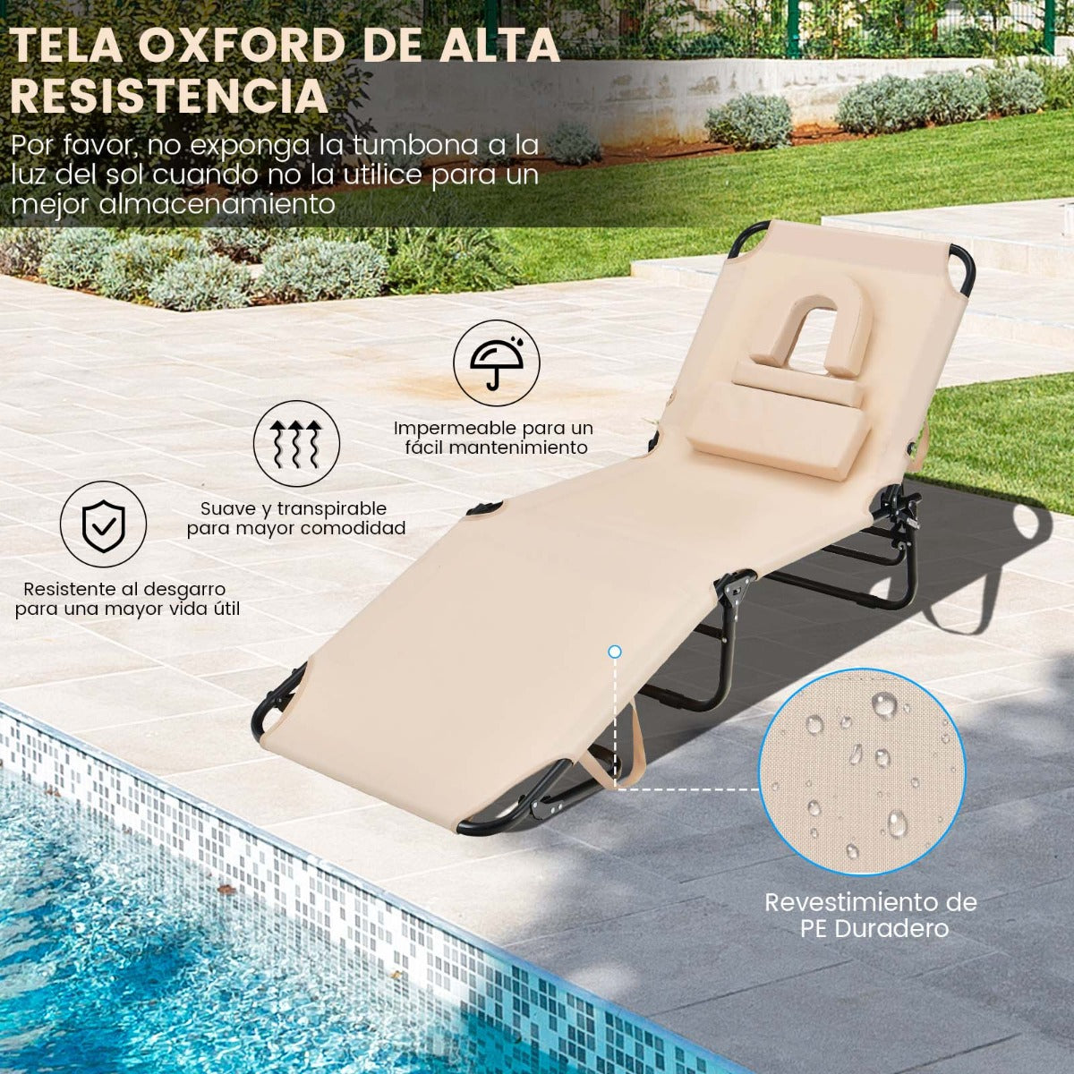 Tumbona Plegable con 3 Cojines Extraíbles y Respaldo Ajustable en 5 Posiciones Tumbonas de Jardín Exterior para Terraza Piscina Beige