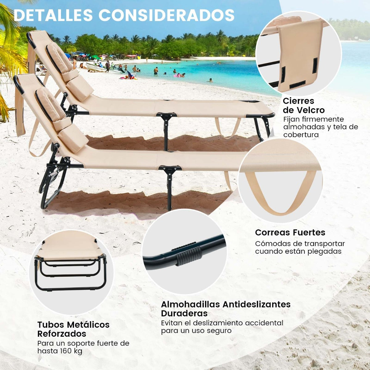 Tumbona Plegable con 3 Cojines Extraíbles y Respaldo Ajustable en 5 Posiciones Tumbonas de Jardín Exterior para Terraza Piscina Beige