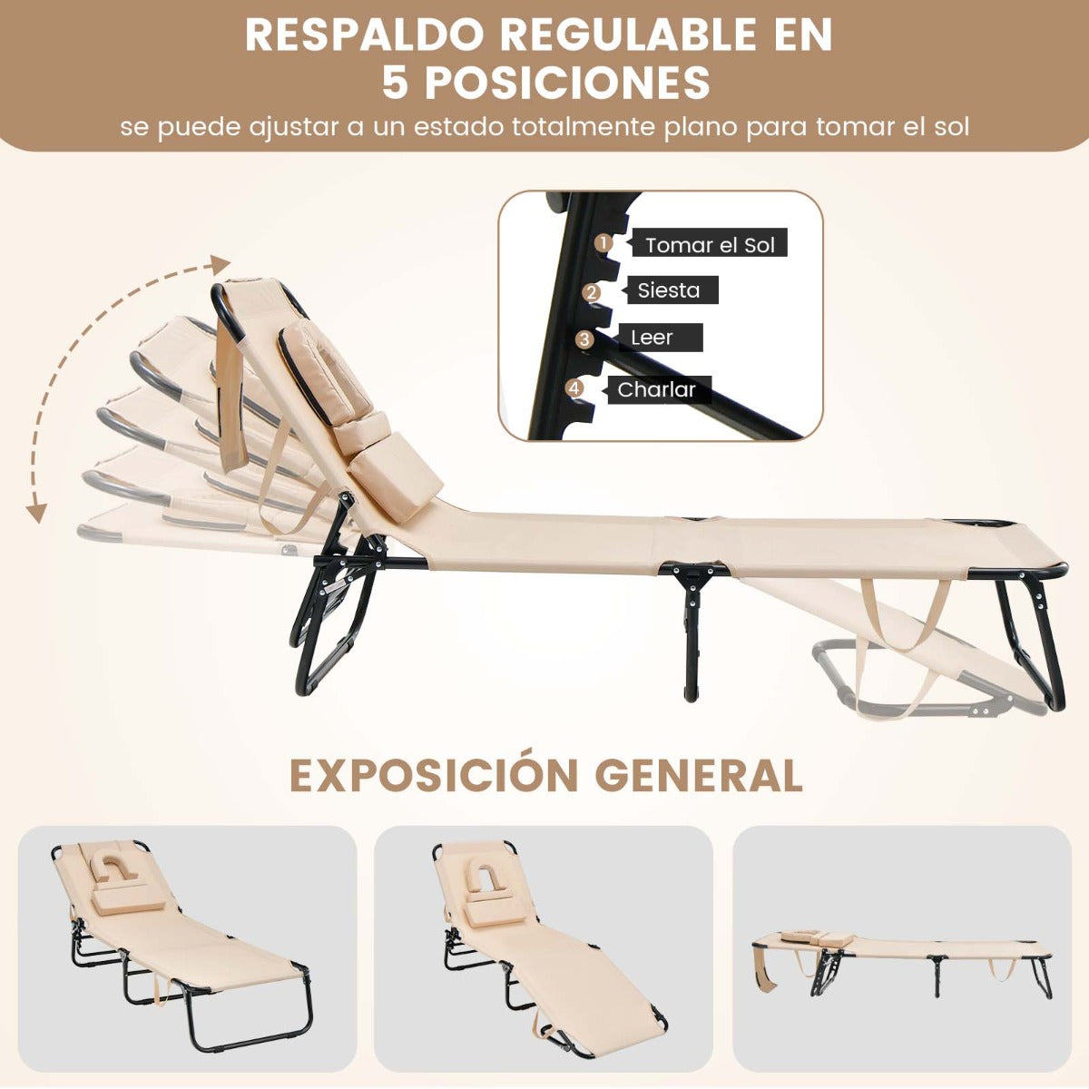 Tumbona Plegable con 3 Cojines Extraíbles y Respaldo Ajustable en 5 Posiciones Tumbonas de Jardín Exterior para Terraza Piscina Beige