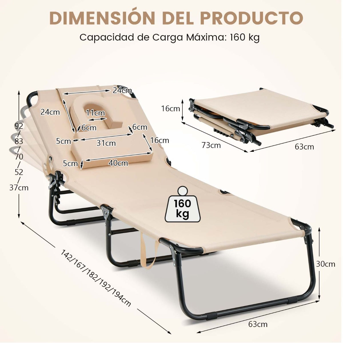 Tumbona Plegable con 3 Cojines Extraíbles y Respaldo Ajustable en 5 Posiciones Tumbonas de Jardín Exterior para Terraza Piscina Beige