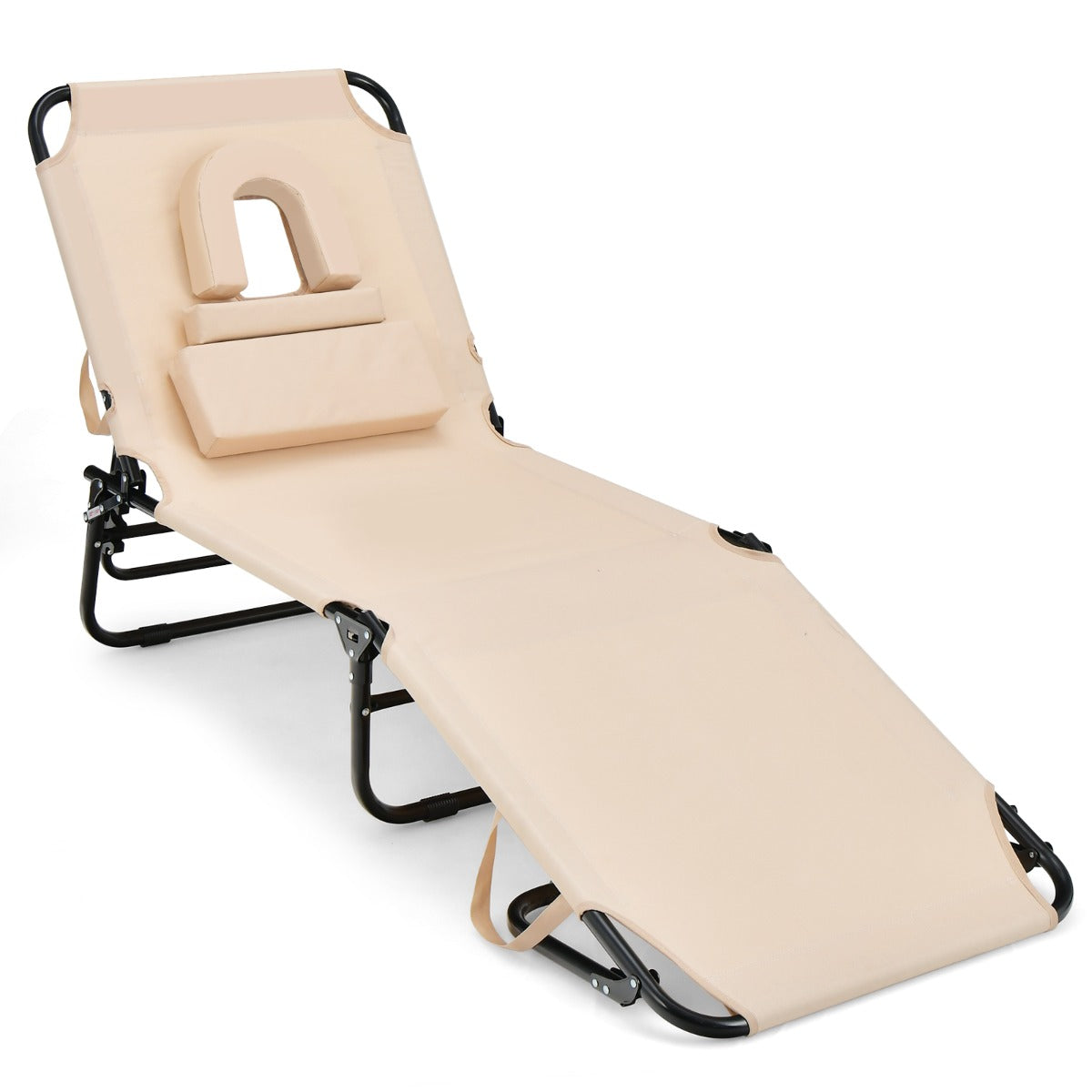 Tumbona Plegable con 3 Cojines Extraíbles y Respaldo Ajustable en 5 Posiciones Tumbonas de Jardín Exterior para Terraza Piscina Beige