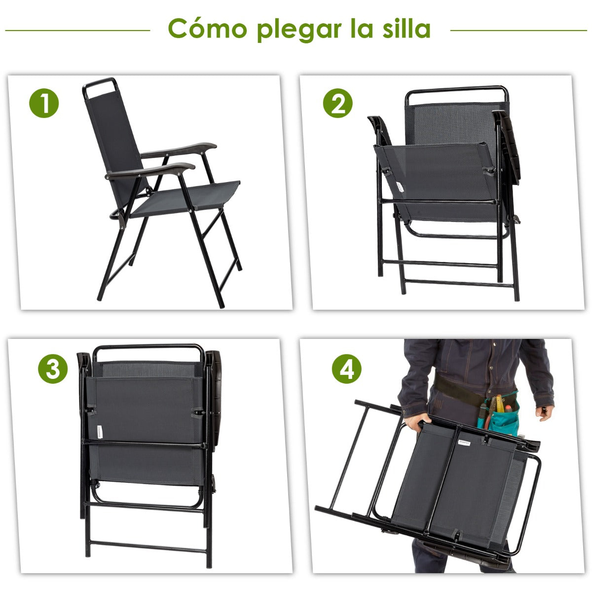 Silla Plegable para Exteriores de 4 Piezas con Respaldo Reposabrazos Reposapiés Tela Transpirable Almohadillas Antideslizantes para Jardín