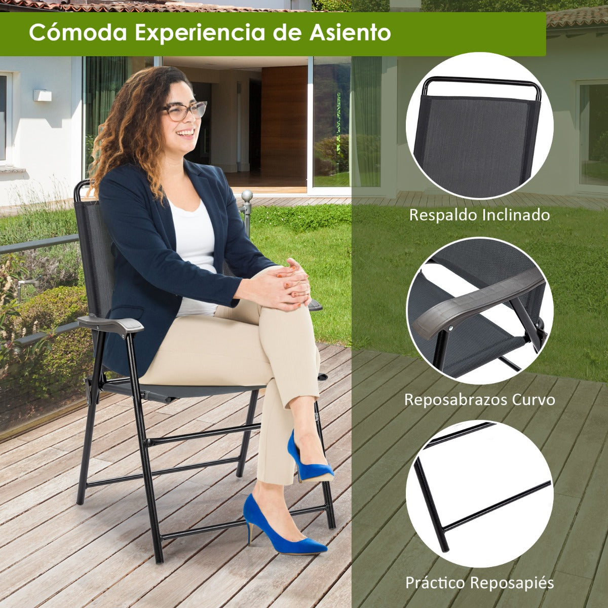 Silla Plegable para Exteriores de 4 Piezas con Respaldo Reposabrazos Reposapiés Tela Transpirable Almohadillas Antideslizantes para Jardín