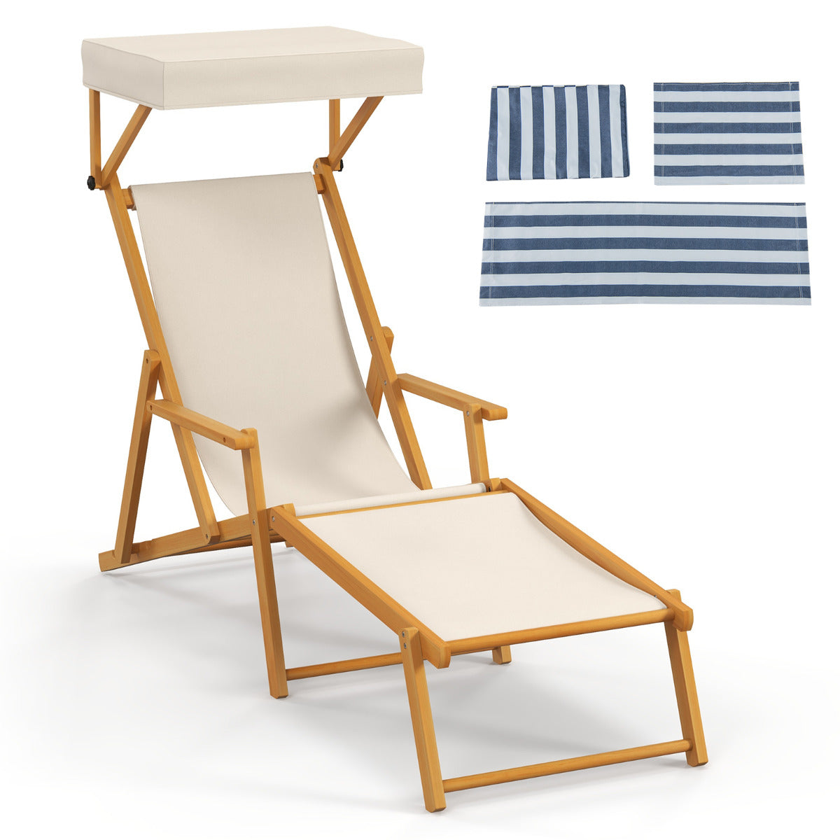 Silla Reclinable de Madera Abedul Sillón de Playa Plegable con Sombrilla Ajustable Respaldo Reclinable Silla de Camping para Patio Piscina